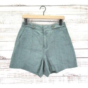 Madewell Linen Shorts Womens Size 2 High Rise Clean Button Tab Shorts Green Blue